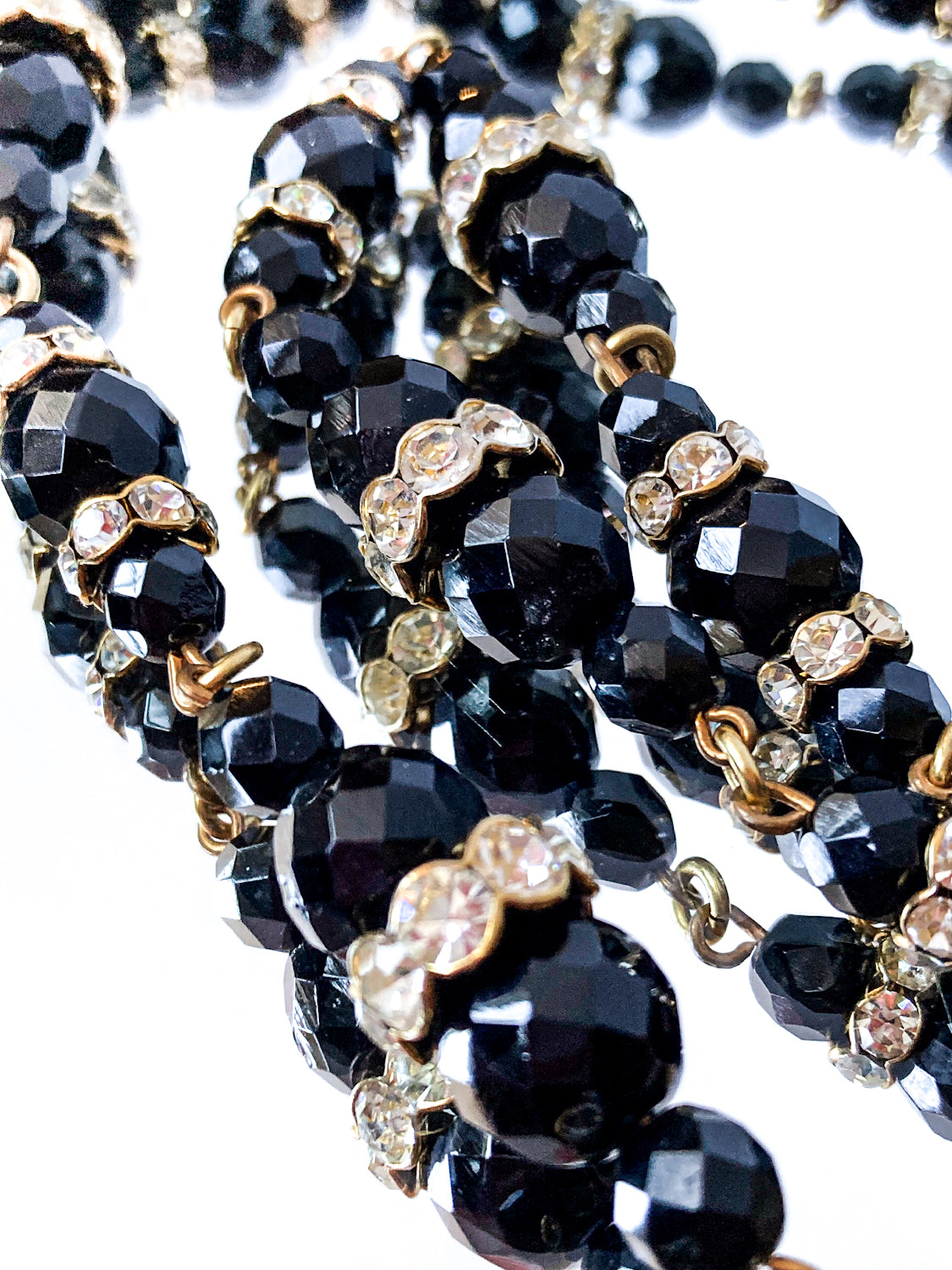 Vintage Faceted Black Glass Beads And Rhinestones Extra Long Necklace