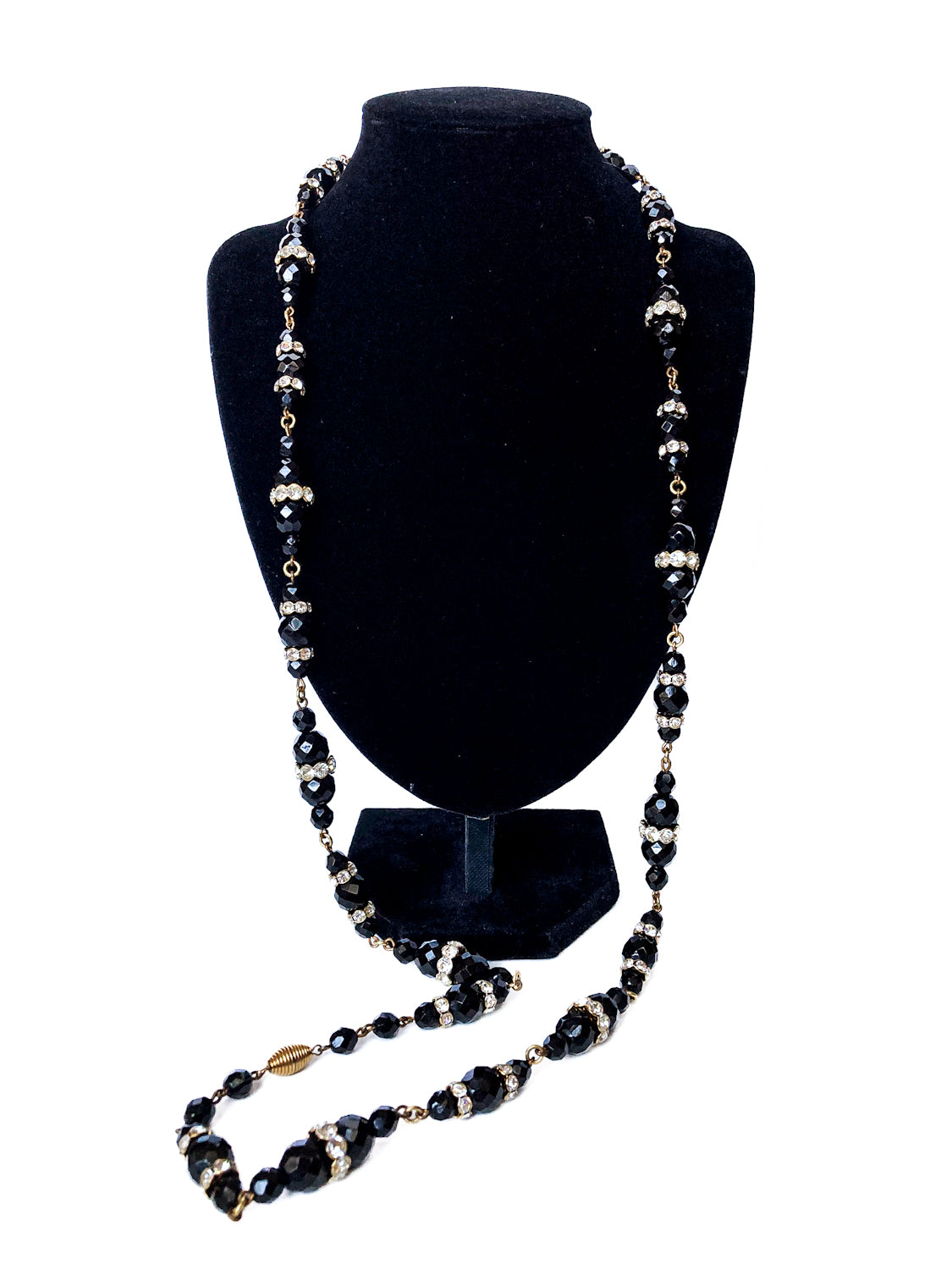 Vintage Faceted Black Glass Beads And Rhinestones Extra Long Necklace