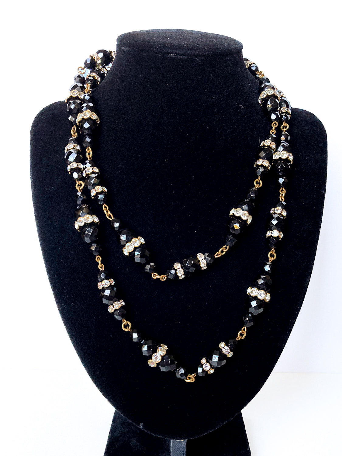 Vintage Faceted Black Glass Beads And Rhinestones Extra Long Necklace