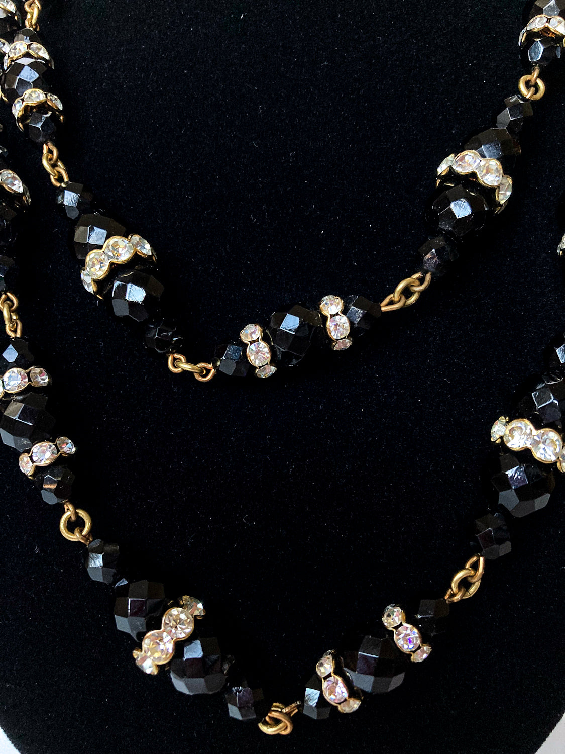 Vintage Faceted Black Glass Beads And Rhinestones Extra Long Necklace