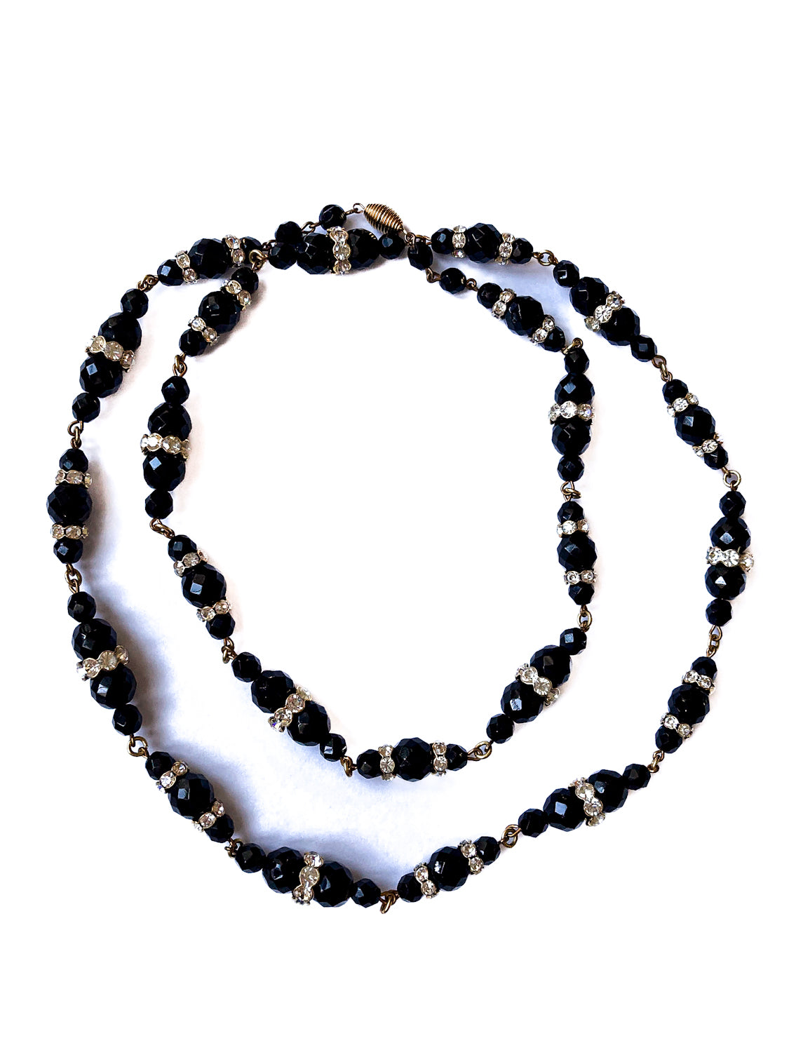 Vintage Faceted Black Glass Beads And Rhinestones Extra Long Necklace