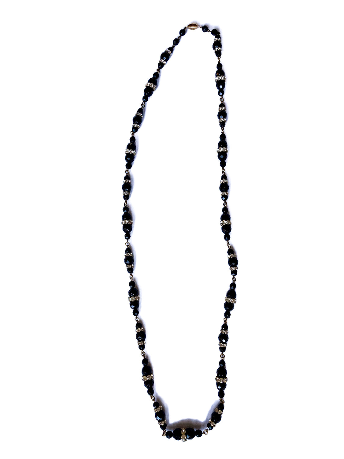 Vintage Faceted Black Glass Beads And Rhinestones Extra Long Necklace
