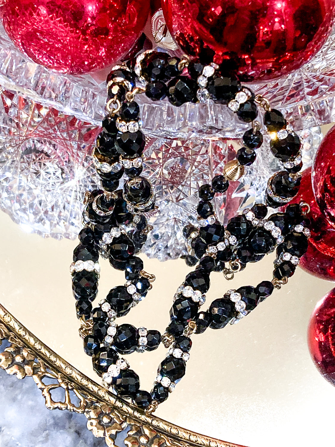 Vintage Faceted Black Glass Beads And Rhinestones Extra Long Necklace