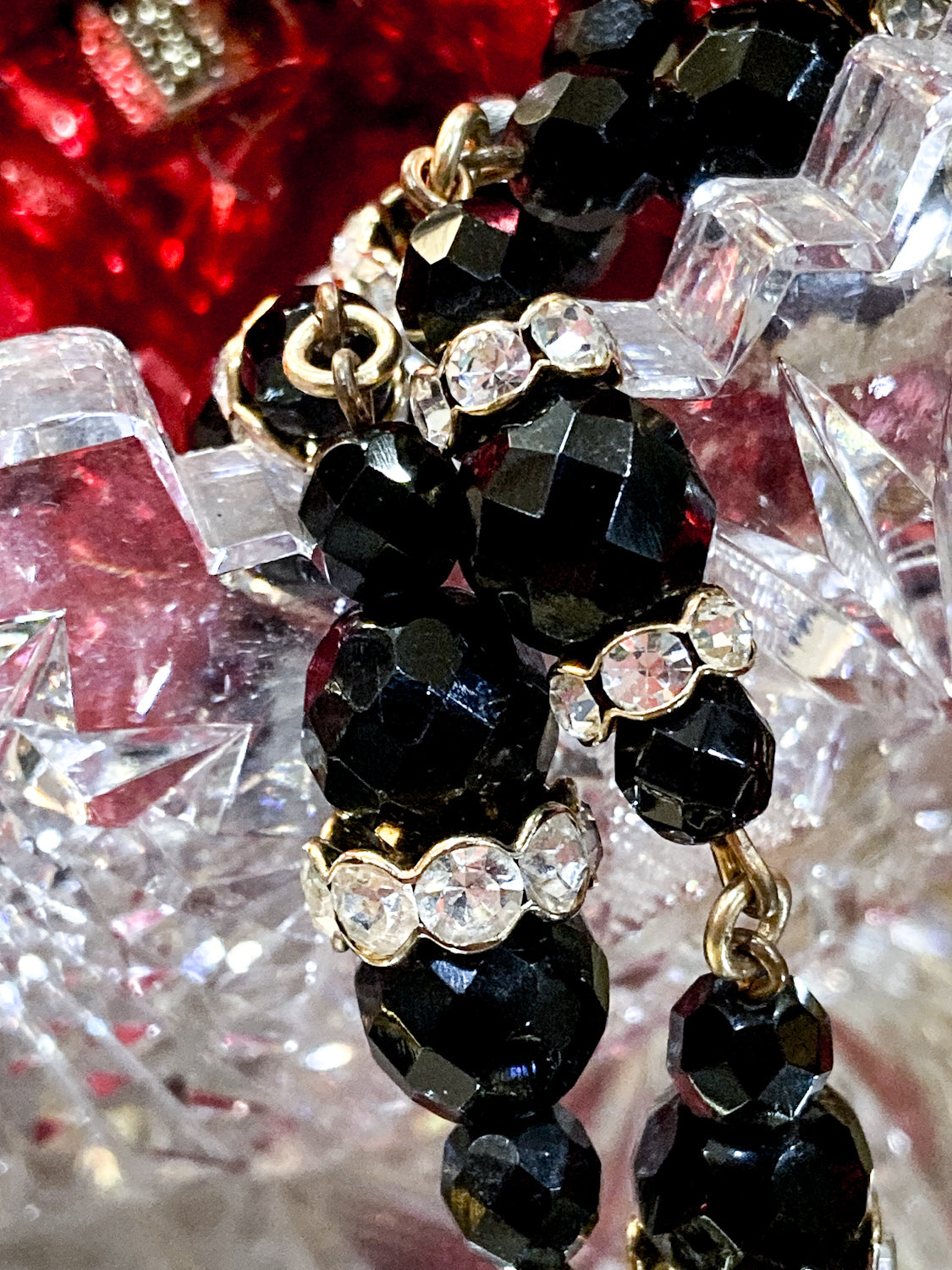 Vintage Faceted Black Glass Beads And Rhinestones Extra Long Necklace