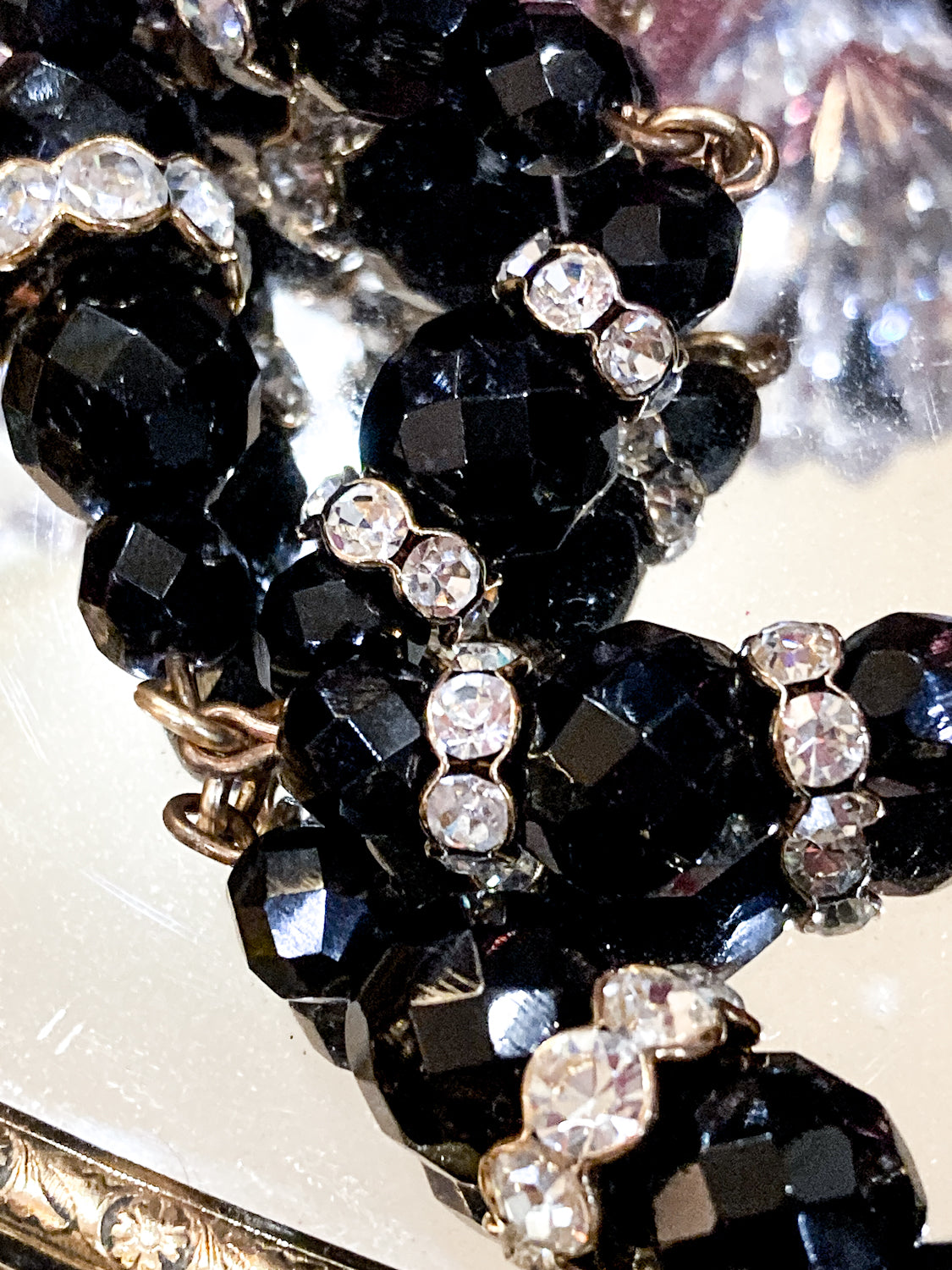 Vintage Faceted Black Glass Beads And Rhinestones Extra Long Necklace