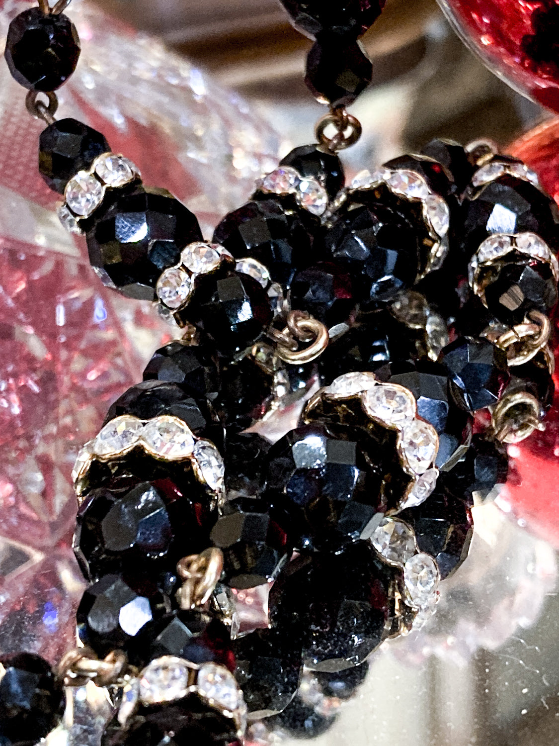 Vintage Faceted Black Glass Beads And Rhinestones Extra Long Necklace