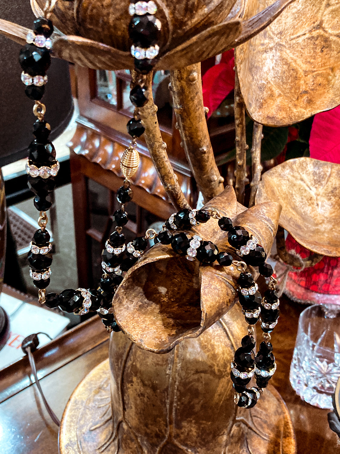 Vintage Faceted Black Glass Beads And Rhinestones Extra Long Necklace