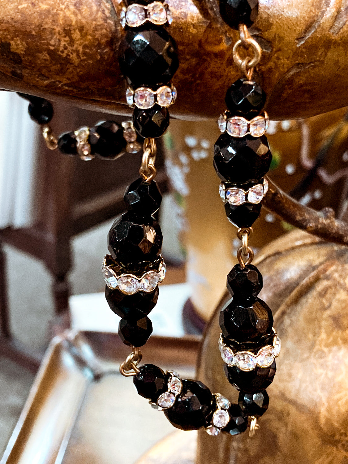 Vintage Faceted Black Glass Beads And Rhinestones Extra Long Necklace