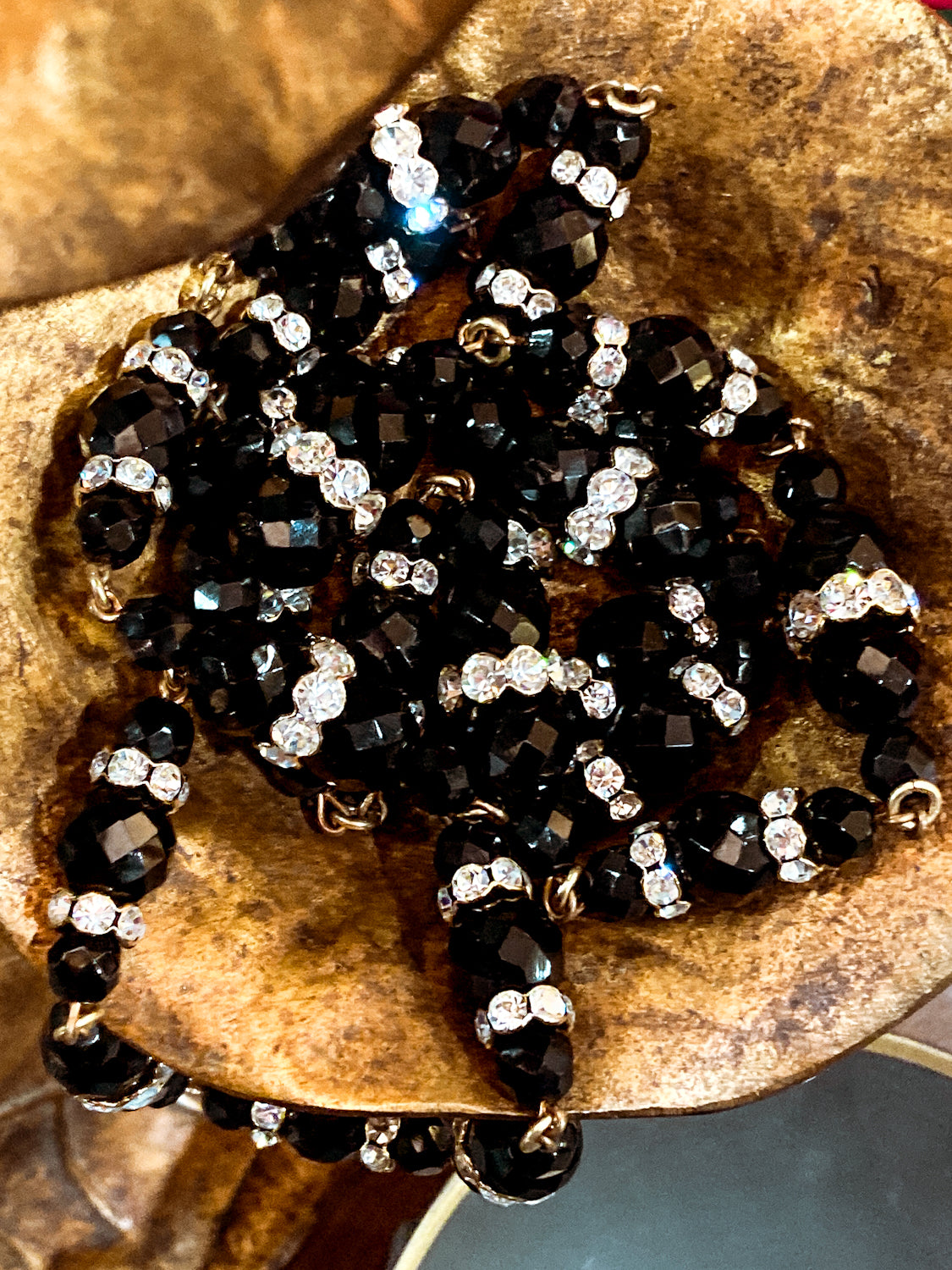 Vintage Faceted Black Glass Beads And Rhinestones Extra Long Necklace