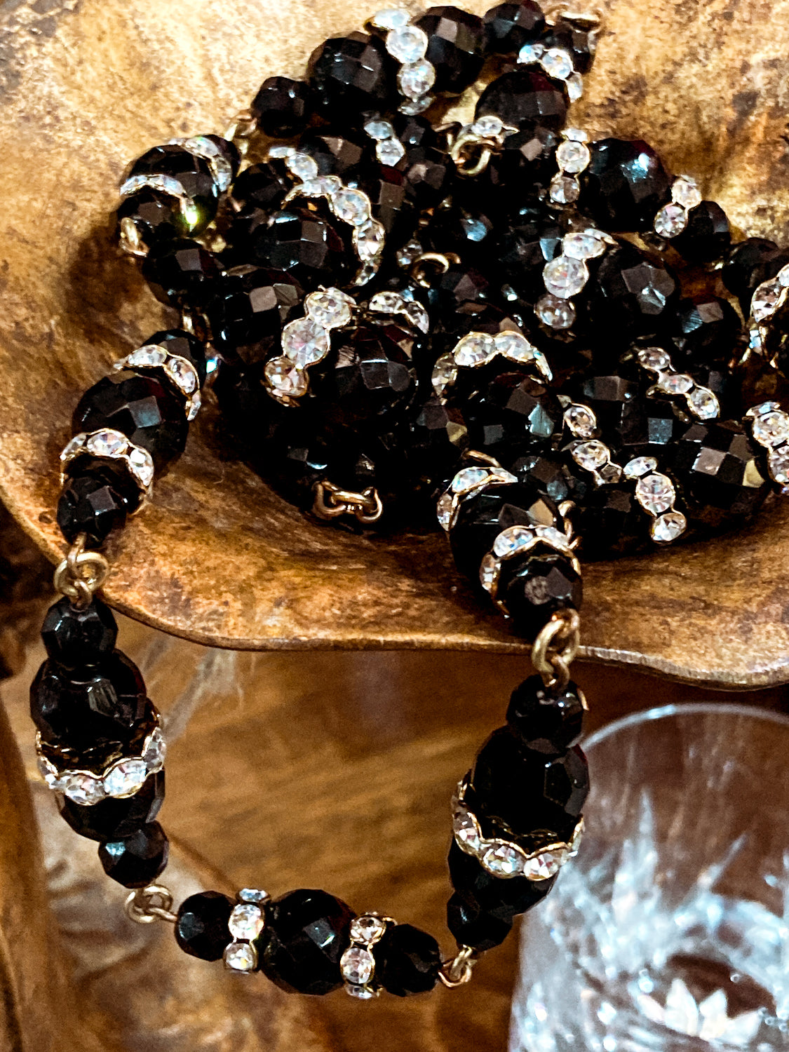Vintage Faceted Black Glass Beads And Rhinestones Extra Long Necklace