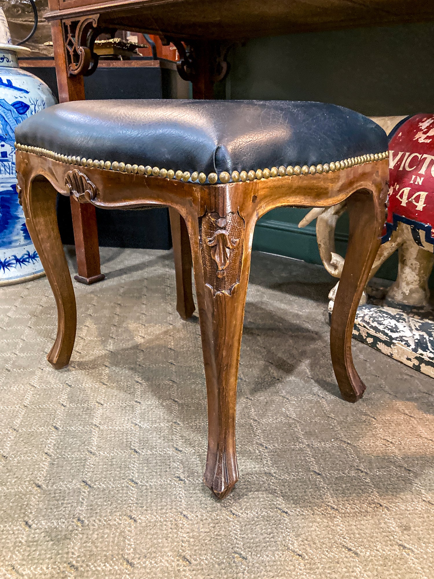 Vintage Black Leather Nail Head Trim Carved Wooden Leg Foot Stool