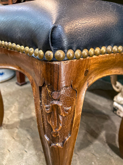Vintage Black Leather Nail Head Trim Carved Wooden Leg Foot Stool