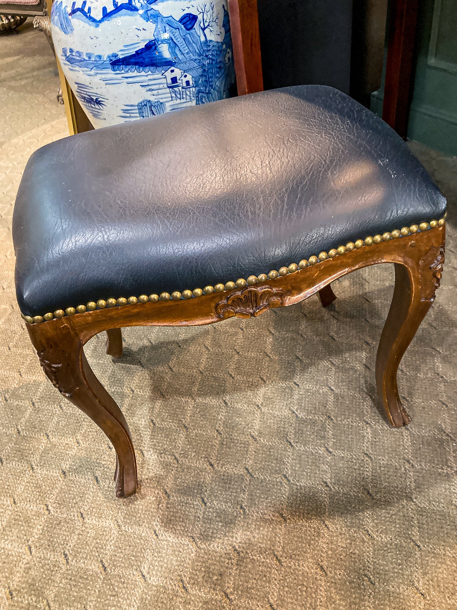 Vintage Black Leather Nail Head Trim Carved Wooden Leg Foot Stool
