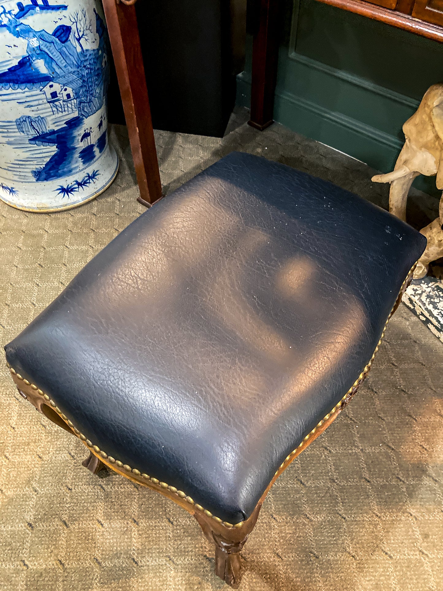 Vintage Black Leather Nail Head Trim Carved Wooden Leg Foot Stool