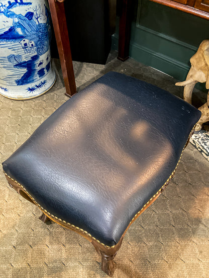 Vintage Black Leather Nail Head Trim Carved Wooden Leg Foot Stool
