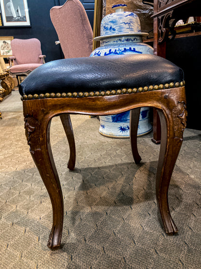Vintage Black Leather Nail Head Trim Carved Wooden Leg Foot Stool