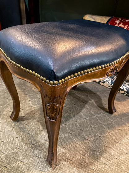 Vintage Black Leather Nail Head Trim Carved Wooden Leg Foot Stool
