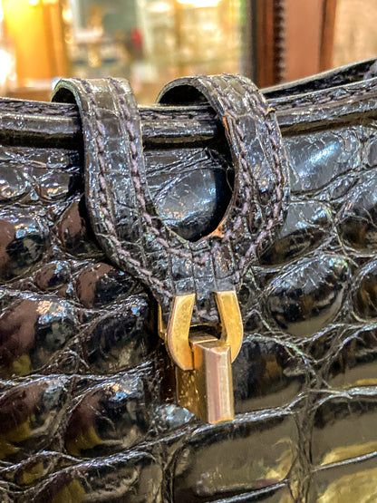 Vintage Black French Crocodile Patent Leather Classic Handbag Purse