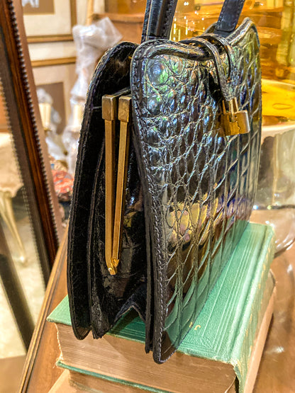 Vintage Black French Crocodile Patent Leather Classic Handbag Purse