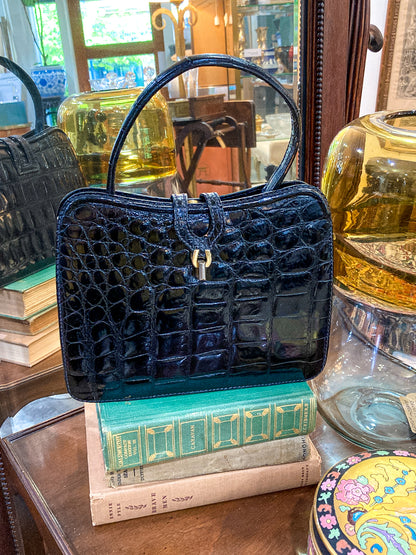 Vintage Black French Crocodile Patent Leather Classic Handbag Purse