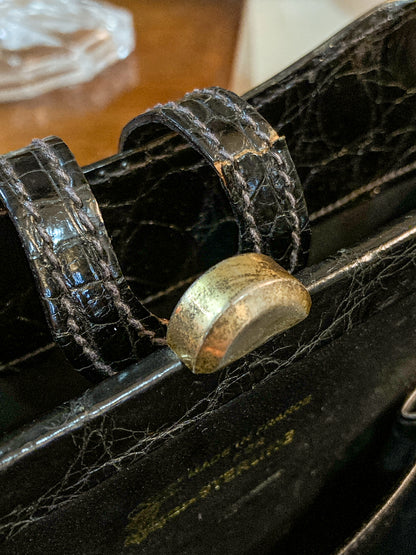 Vintage Black French Crocodile Patent Leather Classic Handbag Purse