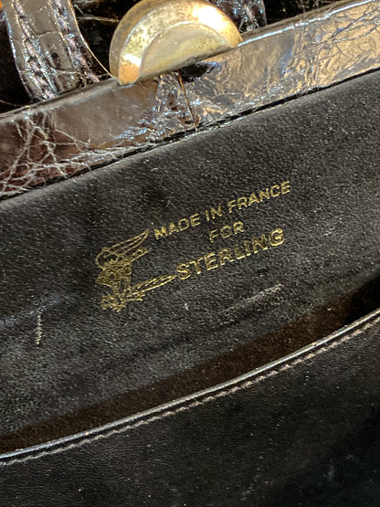 Vintage Black French Crocodile Patent Leather Classic Handbag Purse