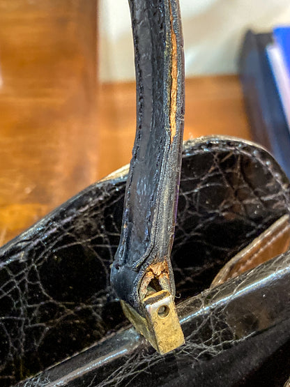 Vintage Black French Crocodile Patent Leather Classic Handbag Purse