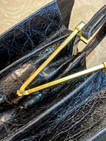 Vintage Black French Crocodile Patent Leather Classic Handbag Purse