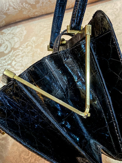 Vintage Black French Crocodile Patent Leather Classic Handbag Purse