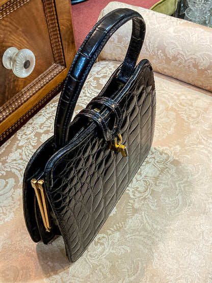 Vintage Black French Crocodile Patent Leather Classic Handbag Purse