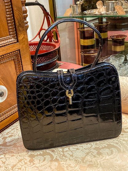 Vintage Black French Crocodile Patent Leather Classic Handbag Purse