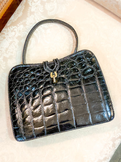 Vintage Black French Crocodile Patent Leather Classic Handbag Purse