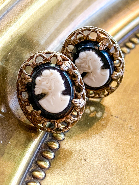 Vintage Black Cameo Filigree Gold-tone Sterling Silver Screwback Earrings
