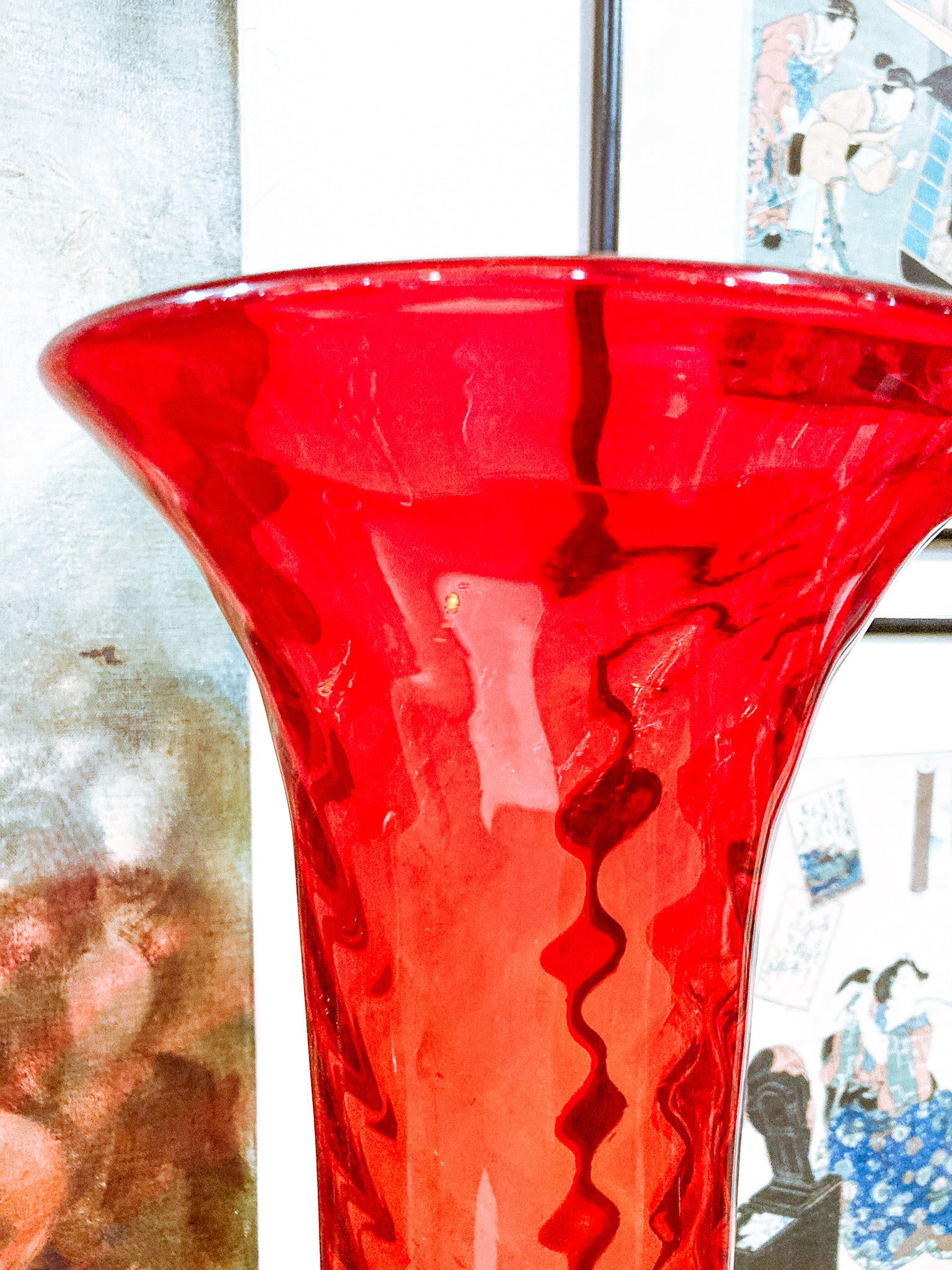 Vintage Blenko #6928 Handblown Ruby Red Wavy Tall Vase