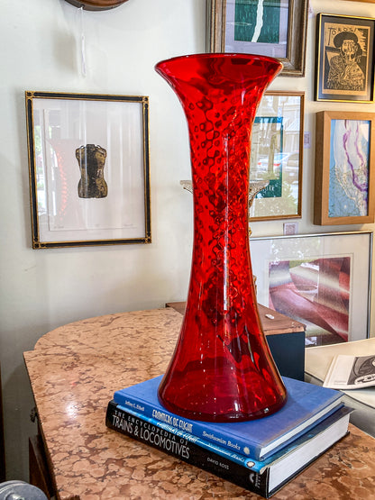 Vintage Blenko #6928 Handblown Ruby Red Wavy Tall Vase
