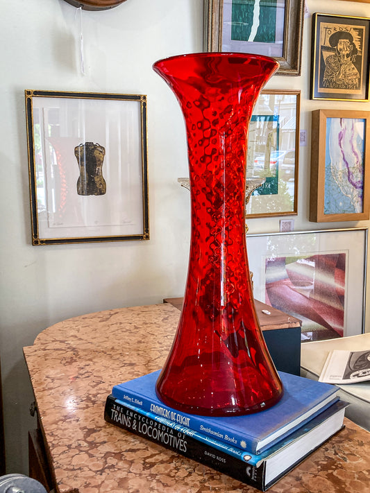 Vintage Blenko #6928 Handblown Ruby Red Wavy Tall Vase