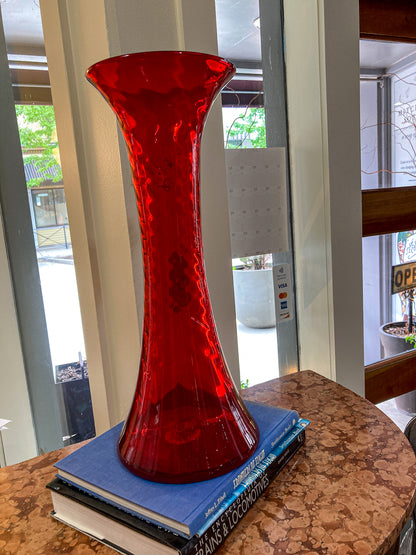 Vintage Blenko #6928 Handblown Ruby Red Wavy Tall Vase