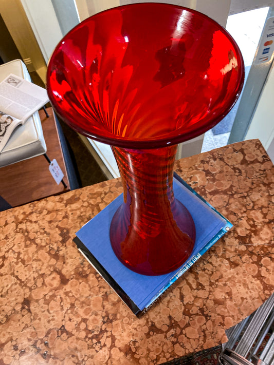 Vintage Blenko #6928 Handblown Ruby Red Wavy Tall Vase