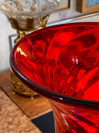 Vintage Blenko #6928 Handblown Ruby Red Wavy Tall Vase