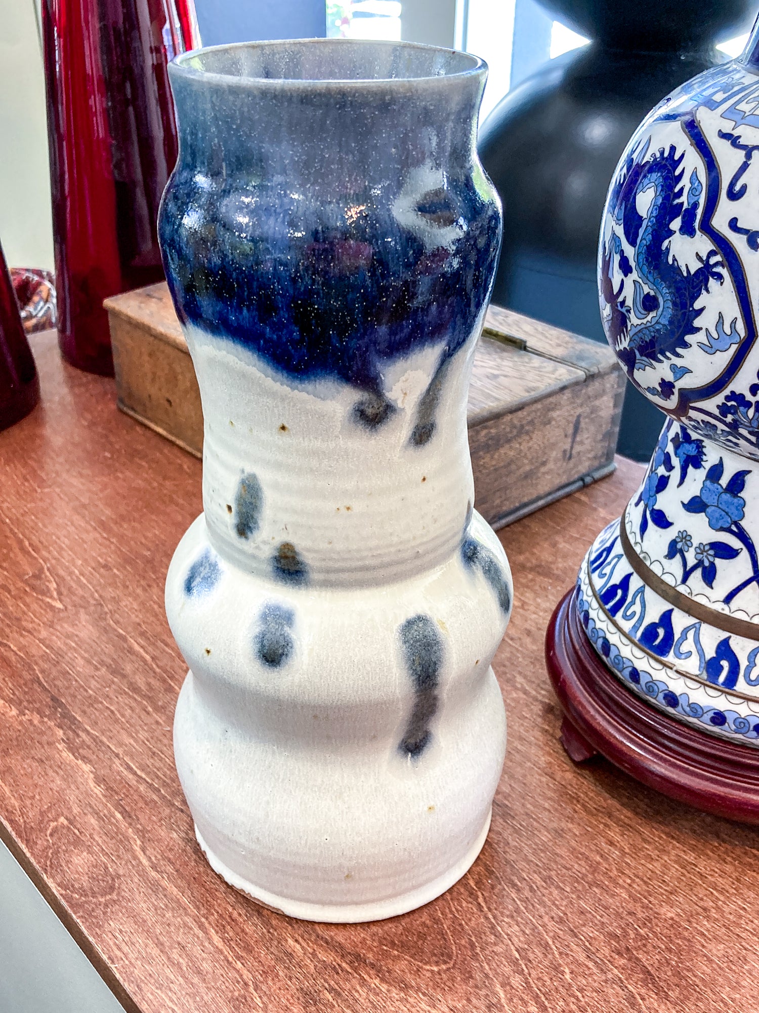 Speckled Blue Off-White Hand Potted Studio Ceramic Tall Hourglass Vase
