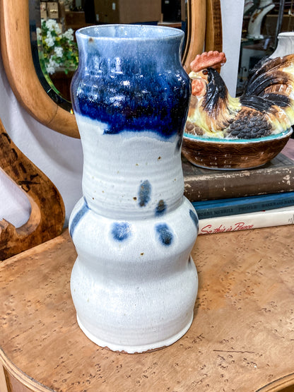 Speckled Blue Off-White Hand Potted Studio Ceramic Tall Hourglass Vase
