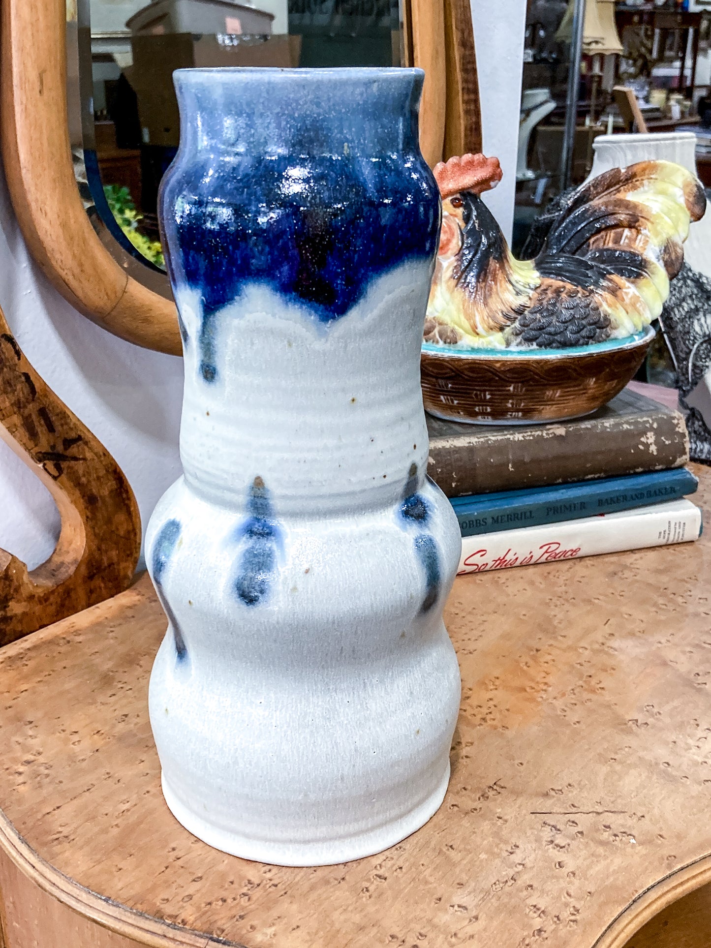 Speckled Blue Off-White Hand Potted Studio Ceramic Tall Hourglass Vase