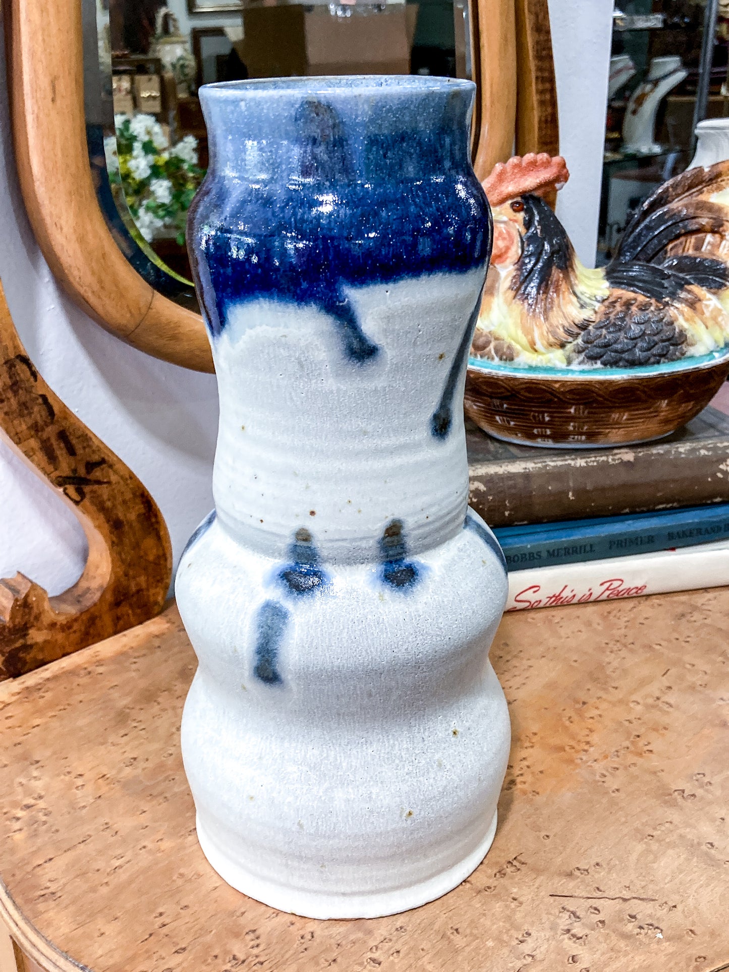 Speckled Blue Off-White Hand Potted Studio Ceramic Tall Hourglass Vase