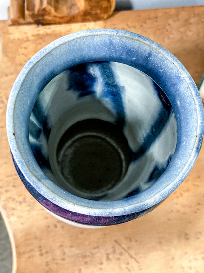 Speckled Blue Off-White Hand Potted Studio Ceramic Tall Hourglass Vase