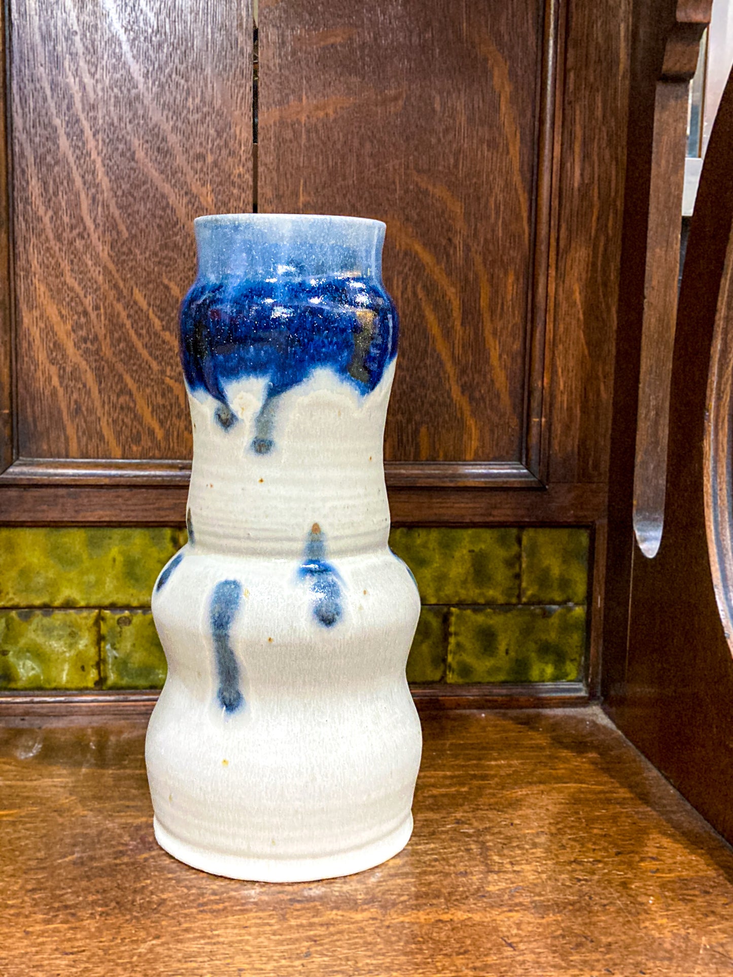 Speckled Blue Off-White Hand Potted Studio Ceramic Tall Hourglass Vase