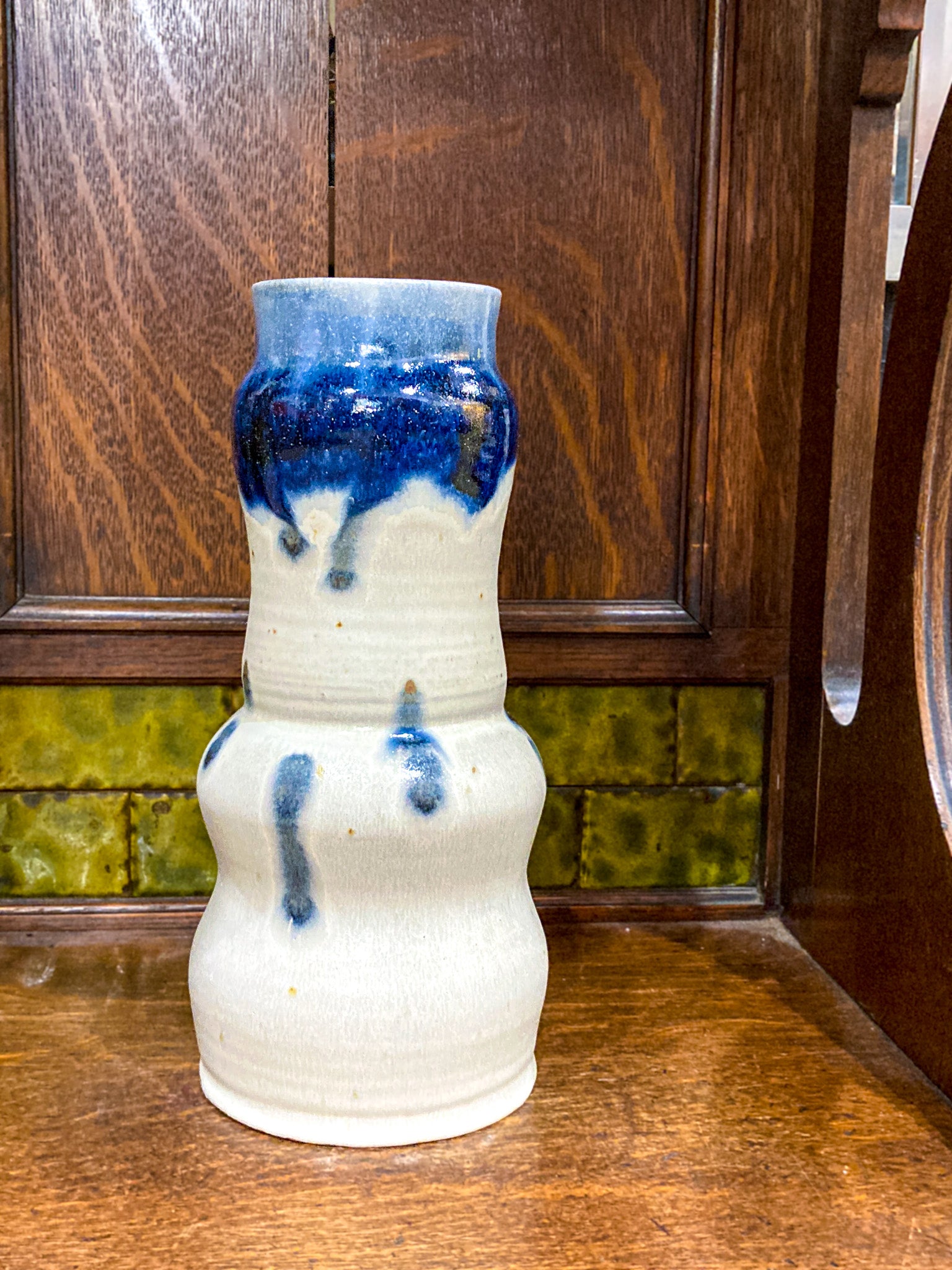 Speckled Blue Off-White Hand Potted Studio Ceramic Tall Hourglass Vase