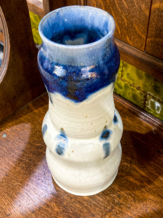Speckled Blue Off-White Hand Potted Studio Ceramic Tall Hourglass Vase