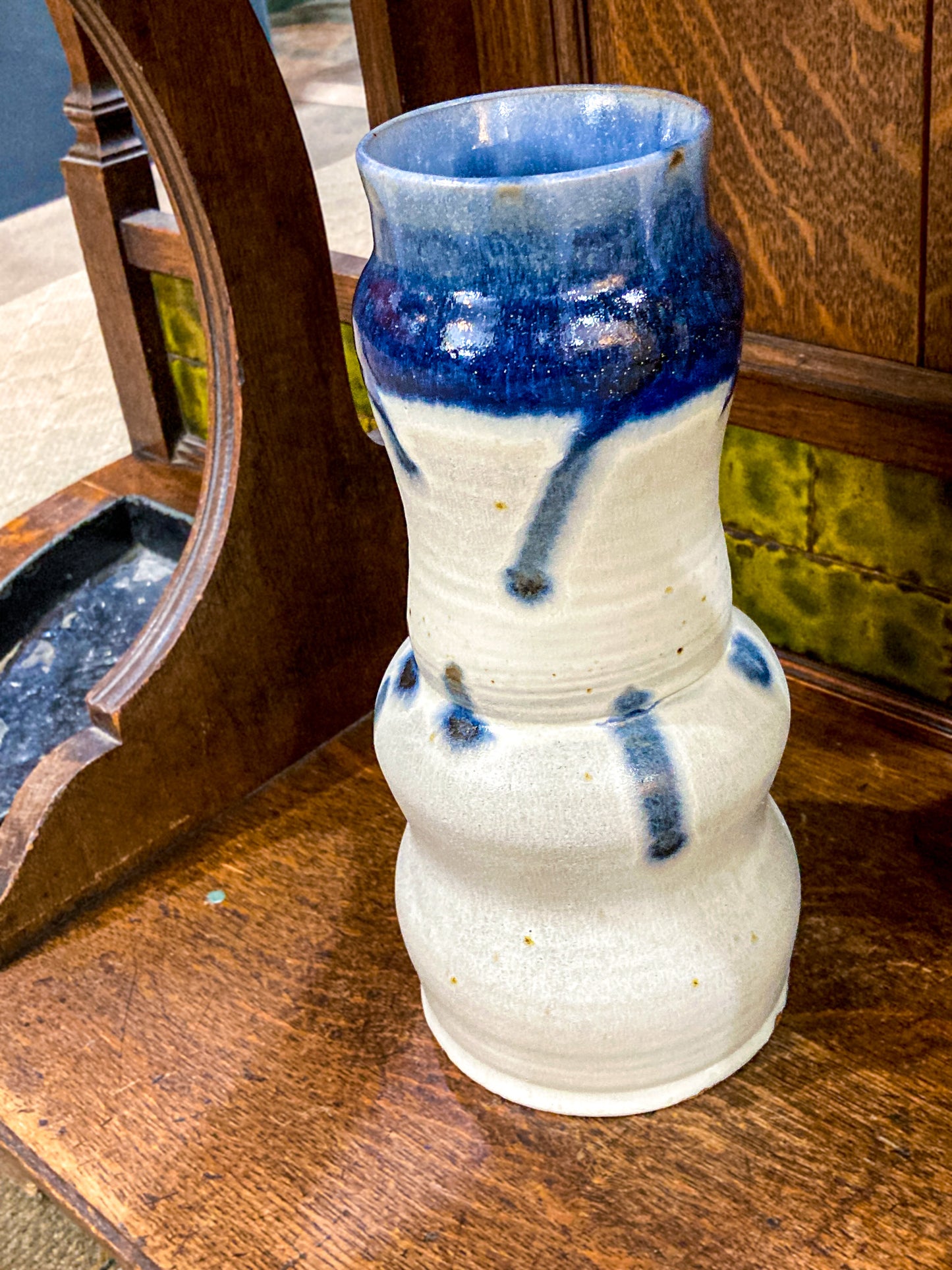 Speckled Blue Off-White Hand Potted Studio Ceramic Tall Hourglass Vase