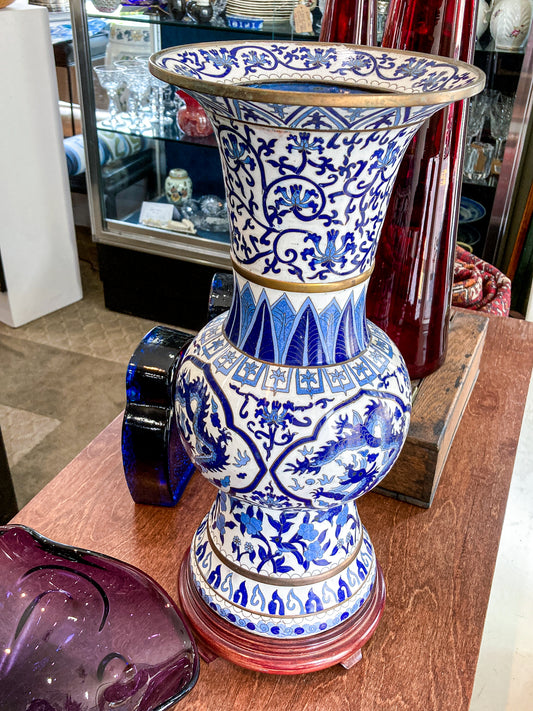 Vintage Blue & White Floral Dragon Motif Chinese Cloisonné Trumpet Vase