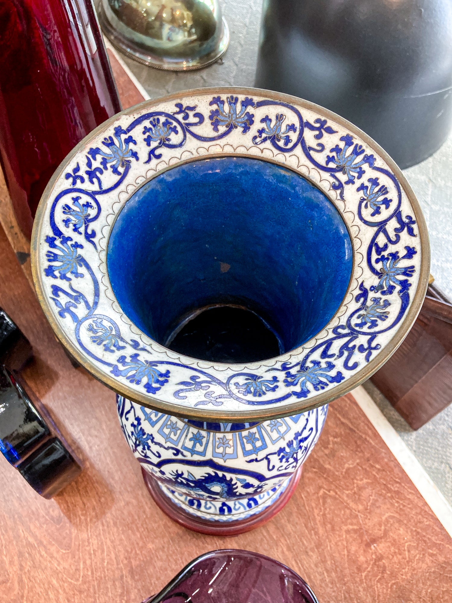 Vintage Blue & White Floral Dragon Motif Chinese Cloisonné Trumpet Vase